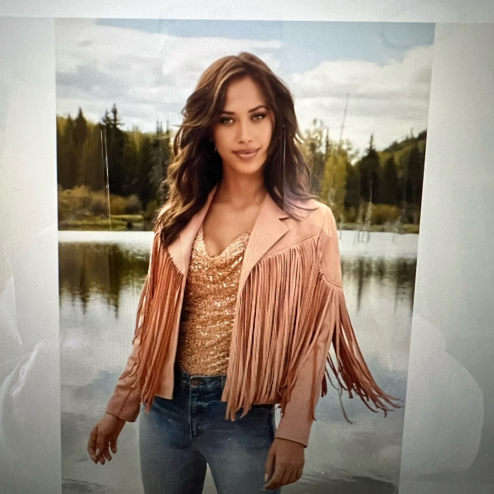 Tan Suede like Jacket with Fringe Details